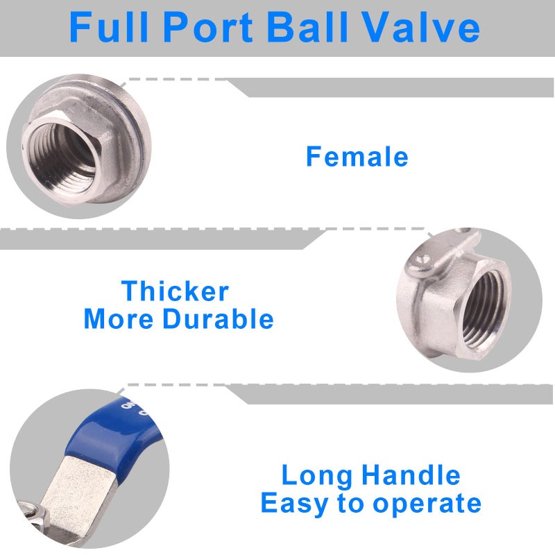 DERNORD Full Port Ball Valve Stainless Steel 304 Heavy Duty for Water, Oil, and Gas with Blue Locking Handles (1/2" NPT) - Image 4